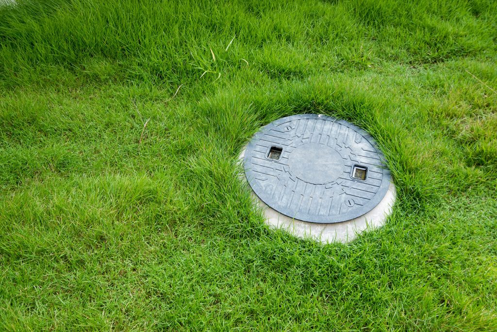 Septic tank access cover on the ground surrounding by grass
